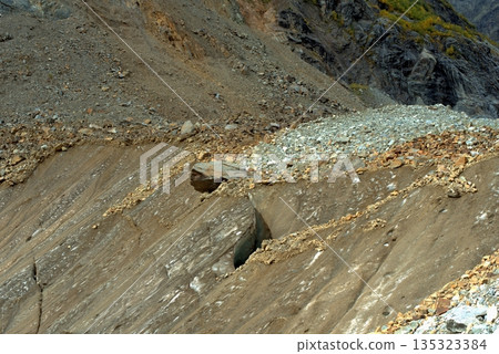 Chalaadi Glacier, ice, moraine and snow in the Caucasus Mountains in autumn, Mestia, Svaneti, Georgia. Chalaadi Glacier, ice, moraine and snow in the Caucasus Mountains in autumn, Mestia, Svaneti, Georgia. 135323384