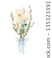 White tulip and willow branch bouquet, tied blue lace bow. Flower on Palm Sunday, Easter spring composition. Delicate botanical floral watercolor illustration isolated on transparent background 135323391