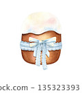 Traditional Easter cake covered with white glaze. Bakery tied with lace ribbon and blue bow. Spring holiday dessert. Watercolor hand drawn cartoon illustration. Clip art isolated from background 135323393