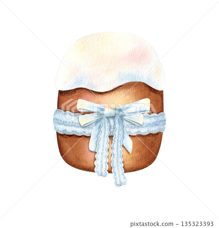 Traditional Easter cake covered with white glaze. Bakery tied with lace ribbon and blue bow. Spring holiday dessert. Watercolor hand drawn cartoon illustration. Clip art isolated from background 135323393