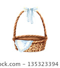 Wicker basket, tied lace bow, ribbon on long handle. Empty basketry with hanging picnic tablecloth. Rural craft container for easter composition. Watercolor illustration isolated from background 135323394