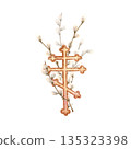 Orthodox cross with pussy willow branch. Symbol of Christian faith, spirituality, Palm Sunday, Easter. Hand drawn watercolor illustration, isolated from background for decoration, religious holiday 135323398