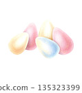 Aesthetic composition of painted Easter eggs in pastel colors. Traditional holiday symbol. For greeting cards, invitations, spring seasonal decor. Hand drawn of watercolor, colored pencils clip art 135323399