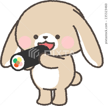 A saggy-eared rabbit eating ehomaki while standing 135323460