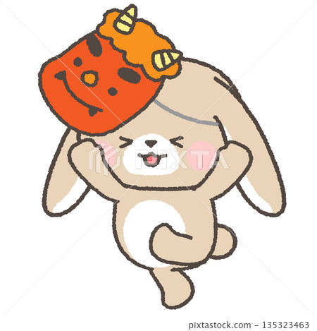 A droopy-eared rabbit running away wearing a demon mask A droopy-eared rabbit running away wearing a demon mask 135323463