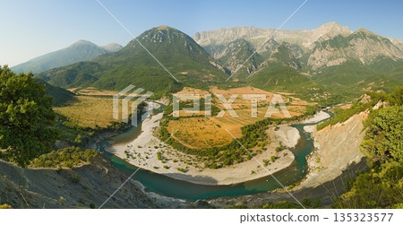 Vjosa river bend panorama at sunrise Vjosa river bend panorama at sunrise 135323577