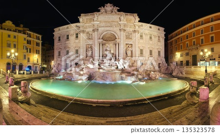 Panorama of Trevi Fountain without visitors at night Panorama of Trevi Fountain without visitors at night 135323578