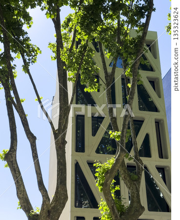 Modern architectural building with geometric facade details partially hidden behind green trees in Modern architectural building with geometric facade details partially hidden behind green trees in 135323624