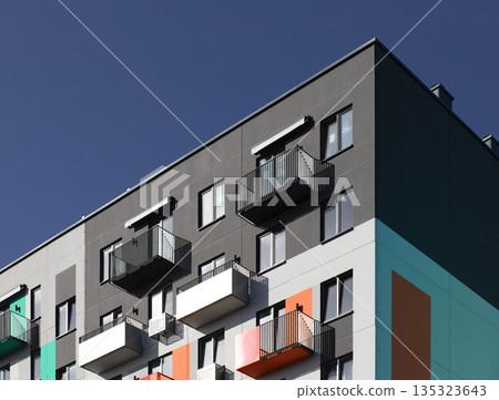 Apartment building with modern architecture. Residential block in urban city with balconies, Apartment building with modern architecture. Residential block in urban city with balconies, 135323643