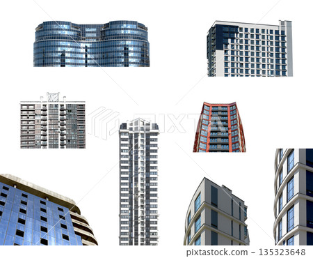 Building collection isolated on white background. Set of modern skyscrapers and residential towers 135323648