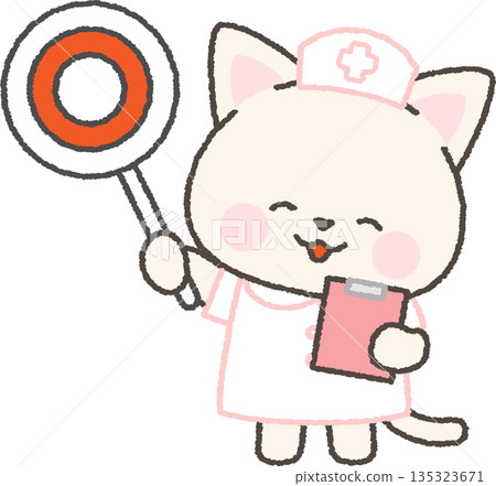 A white cat nurse holding a circle tag 135323671