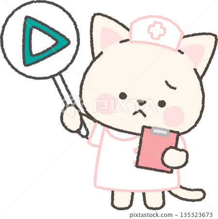 白色貓護士拿著三角形標籤 白色貓護士拿著三角形標籤 135323673