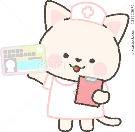 白色貓咪護士拿著一張「我的號碼」卡 白色貓咪護士拿著一張「我的號碼」卡 135323675