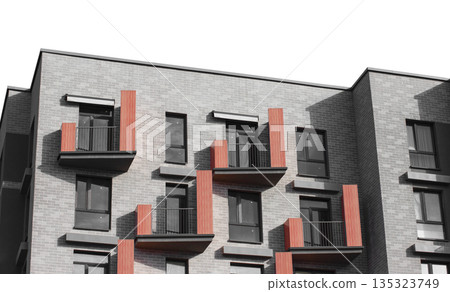 Modern residential building with gray brick facade and bold red balcony accents. Contemporary 135323749