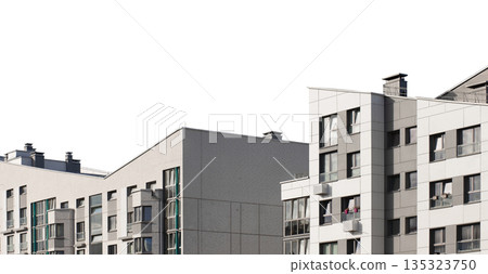 Modern residential buildings with geometric pitched and sloped roofs, showcasing contemporary urban 135323750