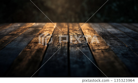 Close-up view of weathered wooden planks illuminated by warm light, showcasing rich textures and natural patterns, creating a rustic and inviting atmosphere for design projects 135323964