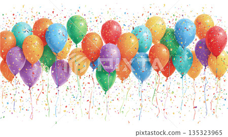 Colorful balloons floating with festive confetti on white background, birthday party or celebration events 135323965