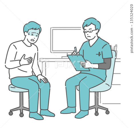 A male patient complaining of poor health and a male doctor (scrubs, emergency, cardiology) A male patient complaining of poor health and a male doctor (scrubs, emergency, cardiology) 135324020
