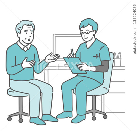 一名男醫生和一名老年男子(身穿手術服,醫護人員)正在進行醫療訪談 一名男醫生和一名老年男子(身穿手術服,醫護人員)正在進行醫療訪談 135324026