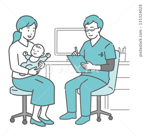 A male doctor interviewing a baby and a mother (scrub, pediatrics, medical checkup) 135324028
