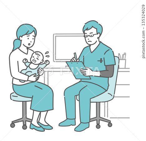 A baby complaining of poor health, his mother, and a male doctor (scrub, pediatrics, emergency) 135324029