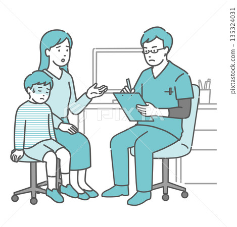 一個男孩抱怨身體不適，他的母親，以及一位男醫生（身穿手術服，兒科，急診） 135324031