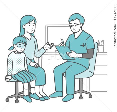 一個女孩抱怨身體不適,她的母親,以及一位男醫生(手術服,兒科,急診) 一個女孩抱怨身體不適,她的母親,以及一位男醫生(手術服,兒科,急診) 135324033