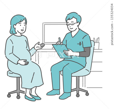 男醫師和孕婦進行醫學訪談（手術室，婦產科） 135324034
