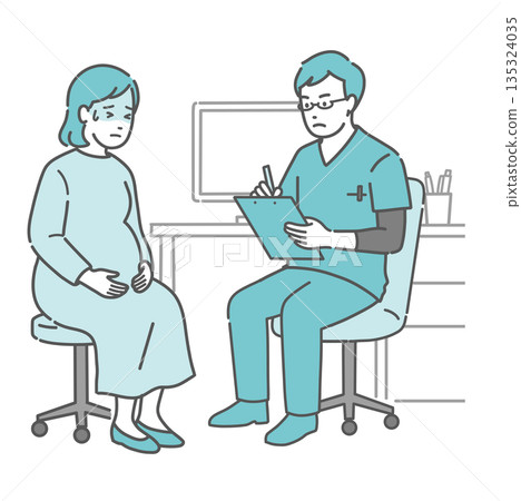 A pregnant woman complaining of poor health and a male doctor (scrub, obstetrics and gynecology, emergency) 135324035