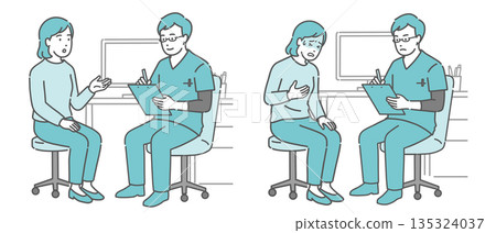 Medical interview and unwell female patient set (male doctor, scrubs) Medical interview and unwell female patient set (male doctor, scrubs) 135324037