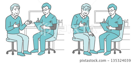 Medical interview and unwell elderly man set (male doctor, scrubs) Medical interview and unwell elderly man set (male doctor, scrubs) 135324039