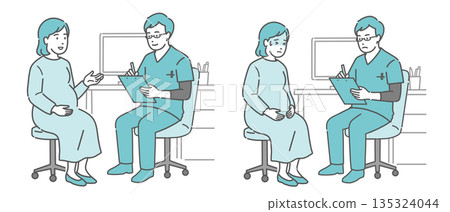Medical interview and unwell pregnant woman set (male doctor, scrubs) Medical interview and unwell pregnant woman set (male doctor, scrubs) 135324044