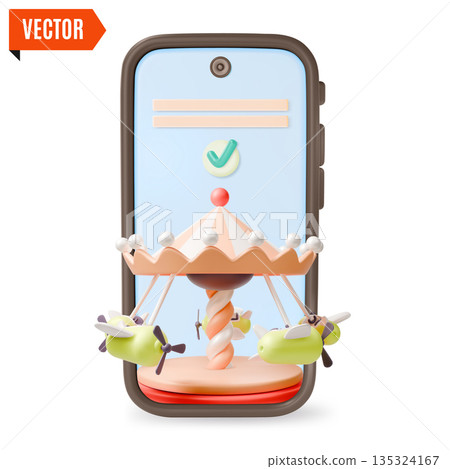 3d Mobile Phone Screen and Carousel with Airplanes Amusement Park Concept Cartoon Design Style. Vector illustration of Booking Ticket 3d Mobile Phone Screen and Carousel with Airplanes Amusement Park Concept Cartoon Design Style. Vector illustration of Booking Ticket 135324167