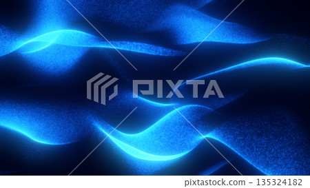 Soft glowing blue particle surfaces forming smooth flowing digital waves in a deep futuristic space 135324182