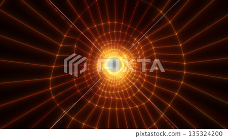 Bright orange tunnel of geometric light lines forming a glowing circular pattern, isolated on white background 135324200