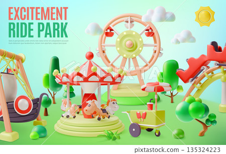 3d Excitement Ride Amusement Park Concept Ads Banner Poster Card Cartoon Design Style. Vector illustration of Outdoor Entertainment at Summer Holiday 3d Excitement Ride Amusement Park Concept Ads Banner Poster Card Cartoon Design Style. Vector illustration of Outdoor Entertainment at Summer Holiday 135324223