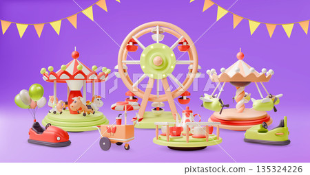 3d Amusement Park with Carousels, Attractions and Street Food Stall Concept Background Cartoon Design Style. Vector illustration 135324226