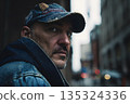 Man wearing cap and denim jacket, street portrait 135324336