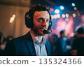 Esports commentator at event, headset and mic, cybersport vibe 135324366