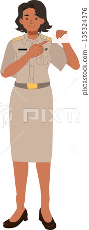civil servant woman in official uniform showing identification card modern flat illustration 135324376