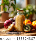 Fresh morning smoothie bottle on wooden table, surrounded by fruits and chia seeds, soft natural light through window, 135324387