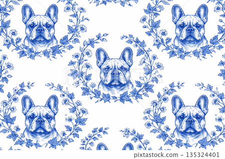 Blue line drawing pattern illustration of a French bulldog surrounded by flowers 135324401