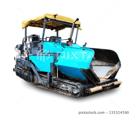Blue asphalt paver machine isolated on white background. Heavy road construction equipment. High quality photo Blue asphalt paver machine isolated on white background. Heavy road construction equipment. High quality photo 135324590