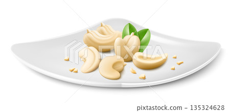 Cashew on a white porcelain plate. Whole and half cashew isolated on white background. Peeled nuts. Cashew kernels are ripe and tasty, a source of protein. 3d vector illustration. Cashew on a white porcelain plate. Whole and half cashew isolated on white background. Peeled nuts. Cashew kernels are ripe and tasty, a source of protein. 3d vector illustration. 135324628