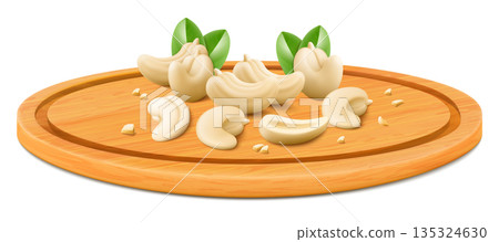 Cashew on a wooden tray or cutting board. Whole and half cashew nuts isolated on white background. Realistic nuts. Cashew kernels are ripe and tasty, a source of protein. 3d vector illustration. Cashew on a wooden tray or cutting board. Whole and half cashew nuts isolated on white background. Realistic nuts. Cashew kernels are ripe and tasty, a source of protein. 3d vector illustration. 135324630