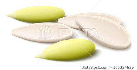 Peeled and unpeeled pumpkin seeds isolated on white background. Pumpkin seeds whole green kernels, side view. Realistic 3D vector, close-up. Used for advertising, packaging, collage, web design food Peeled and unpeeled pumpkin seeds isolated on white background. Pumpkin seeds whole green kernels, side view. Realistic 3D vector, close-up. Used for advertising, packaging, collage, web design food 135324639