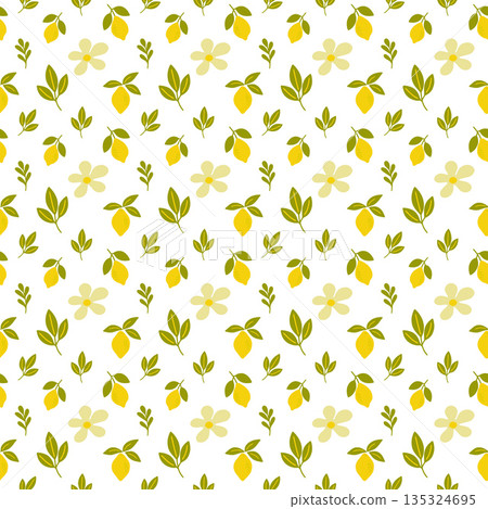 Lemon fruit, green leaves, and flower seamless pattern Lemon fruit, green leaves, and flower seamless pattern 135324695