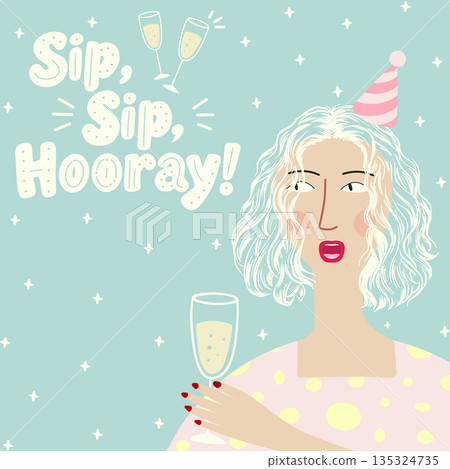 Woman celebrating with champagne and party hat enjoying moment Woman celebrating with champagne and party hat enjoying moment 135324735