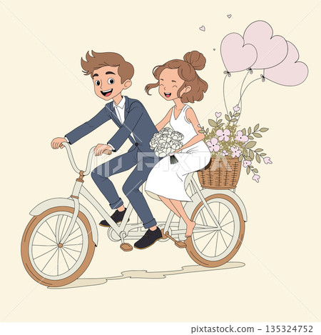 Happy couple riding tandem bicycle with heart balloons and flowers 135324752