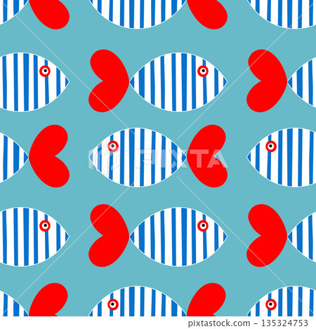 Striped fish swimming seamlessly with heart shaped fins, a playful underwater pattern Striped fish swimming seamlessly with heart shaped fins, a playful underwater pattern 135324753